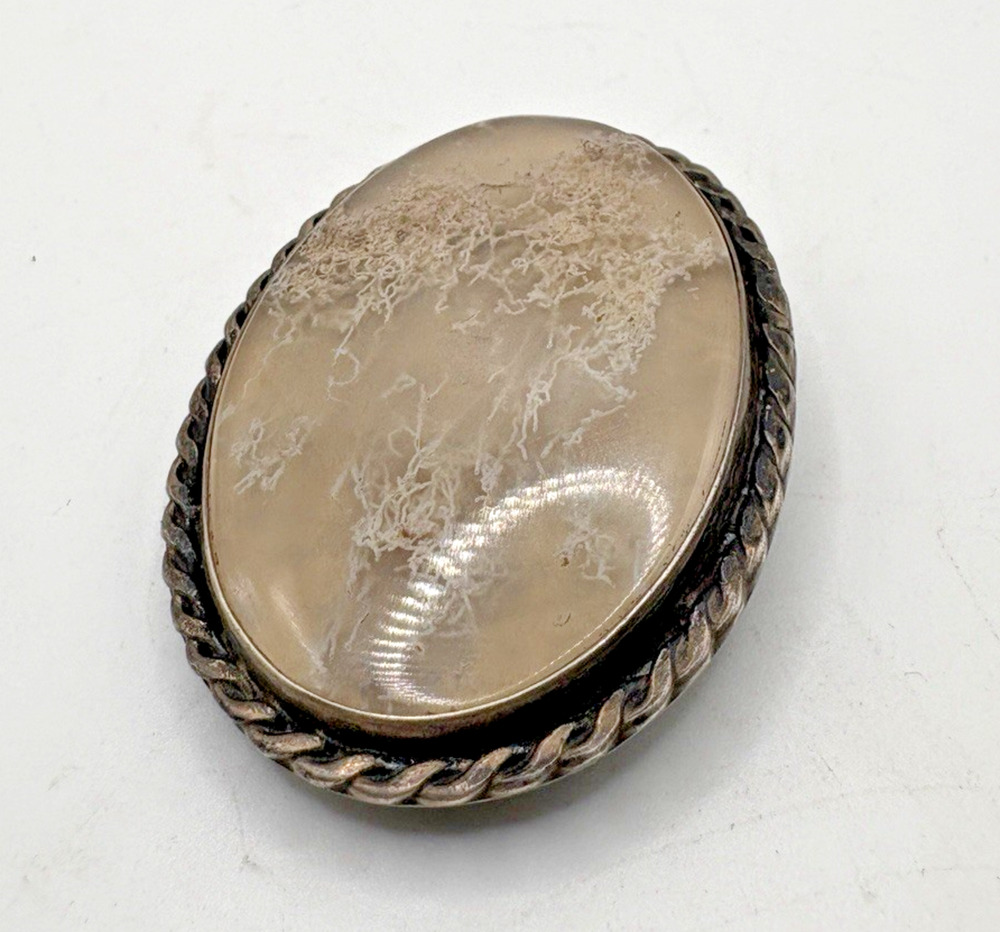 Vintage Brooch Pin Sterling Silver Moss Agate Dendrite Landscape Agate 21.26g